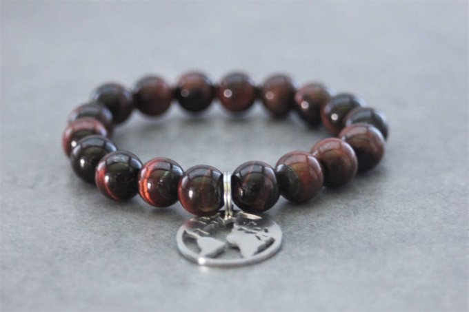 Bracelet perles oeil de taureau et breloque carte du monde en acier inoxydable