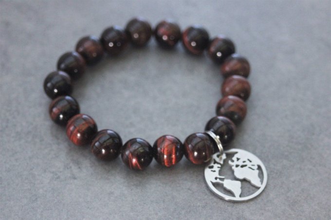 Bracelet perles oeil de taureau et breloque carte du monde en acier inoxydable