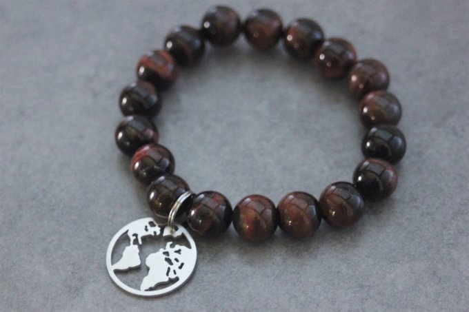 Bracelet perles oeil de taureau et breloque carte du monde en acier inoxydable