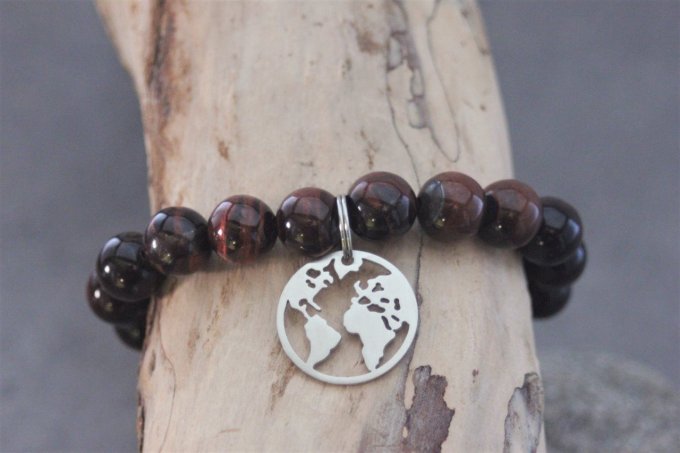 Bracelet perles oeil de taureau et breloque carte du monde en acier inoxydable