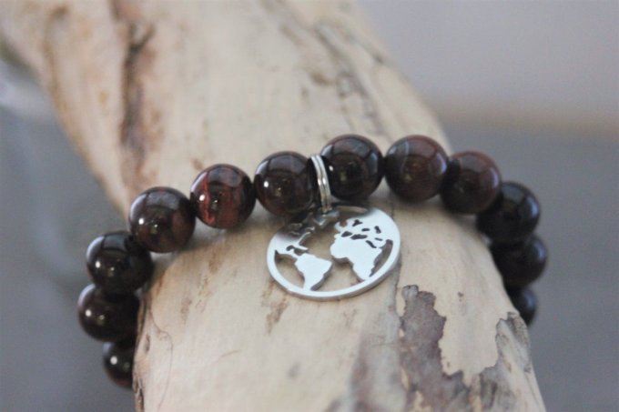 Bracelet perles oeil de taureau et breloque carte du monde en acier inoxydable