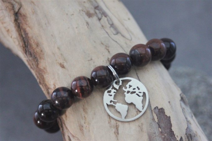 Bracelet perles oeil de taureau et breloque carte du monde en acier inoxydable