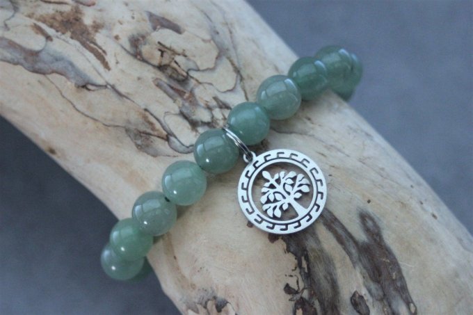 Bracelet perles aventurine et breloque arbre de vie en acier inoxydable