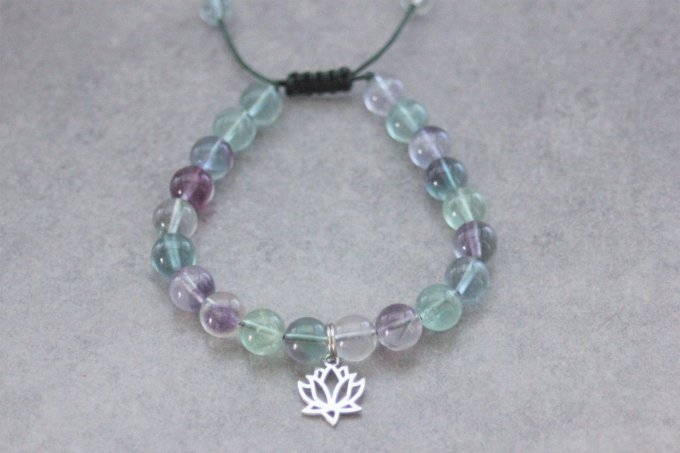 Bracelet perles fluorite et fleur de lotus en acier inoxydable