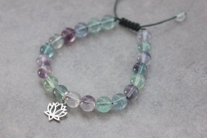Bracelet perles fluorite et fleur de lotus en acier inoxydable
