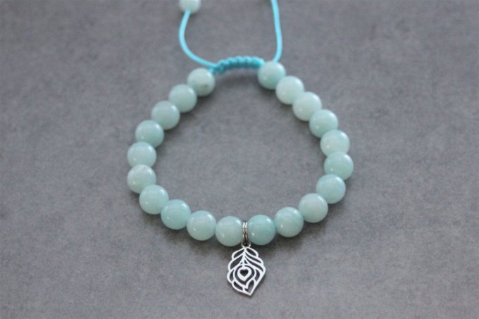 Bracelet perles amazonite et plume de paon en acier inoxydable