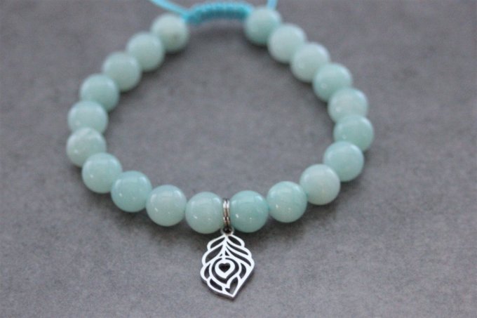 Bracelet perles amazonite et plume de paon en acier inoxydable