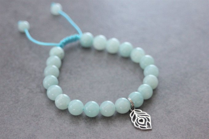 Bracelet perles amazonite et plume de paon en acier inoxydable