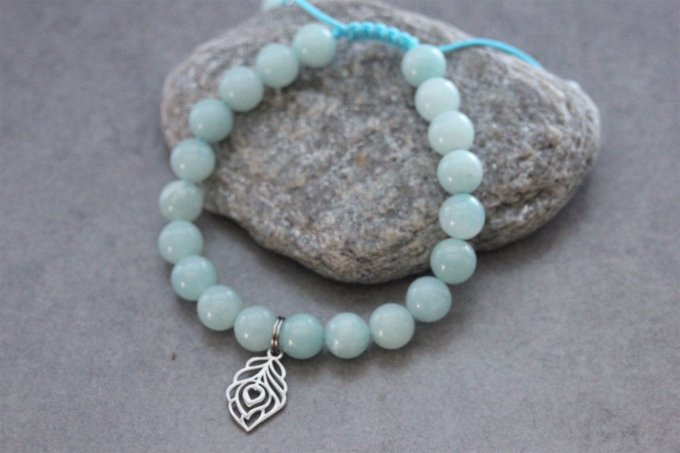 Bracelet perles amazonite et plume de paon en acier inoxydable