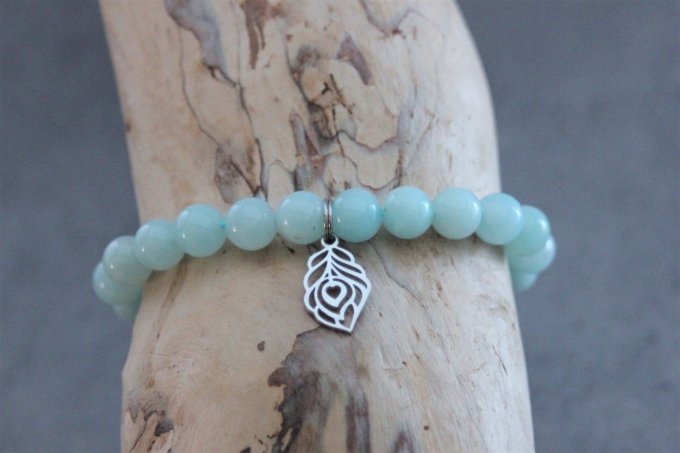 Bracelet perles amazonite et plume de paon en acier inoxydable