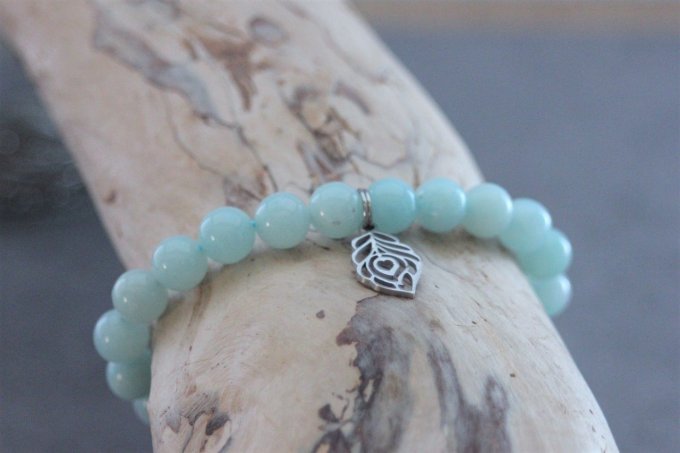 Bracelet perles amazonite et plume de paon en acier inoxydable