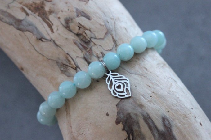 Bracelet perles amazonite et plume de paon en acier inoxydable