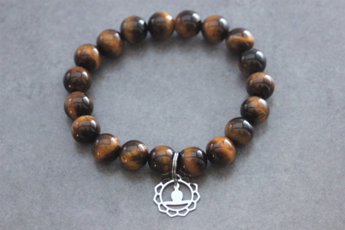 Bracelet perles oeil de tigre et breloque bouddha en acier inoxydable