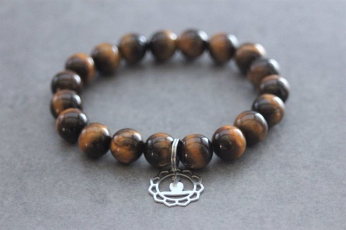 Bracelet perles oeil de tigre et breloque bouddha en acier inoxydable