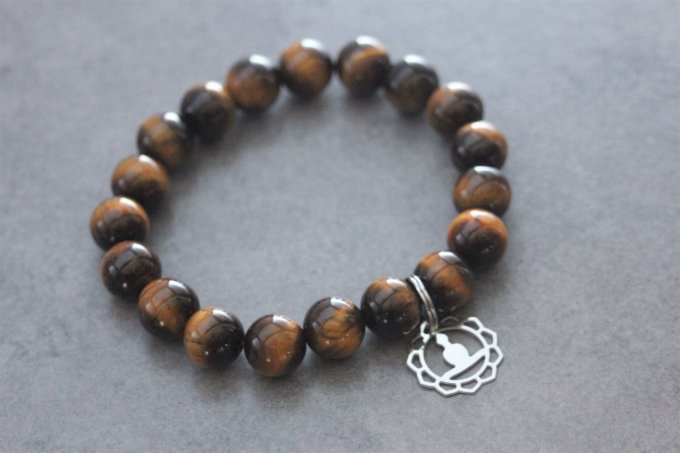 Bracelet perles oeil de tigre et breloque bouddha en acier inoxydable