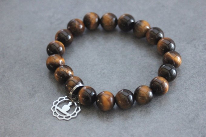 Bracelet perles oeil de tigre et breloque bouddha en acier inoxydable