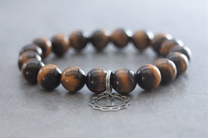 Bracelet perles oeil de tigre et breloque bouddha en acier inoxydable