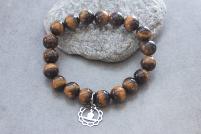 Bracelet perles oeil de tigre et breloque bouddha en acier inoxydable