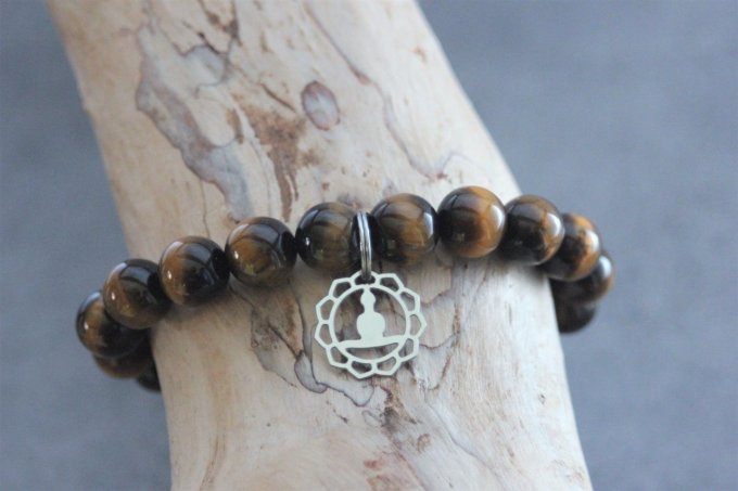 Bracelet perles oeil de tigre et breloque bouddha en acier inoxydable