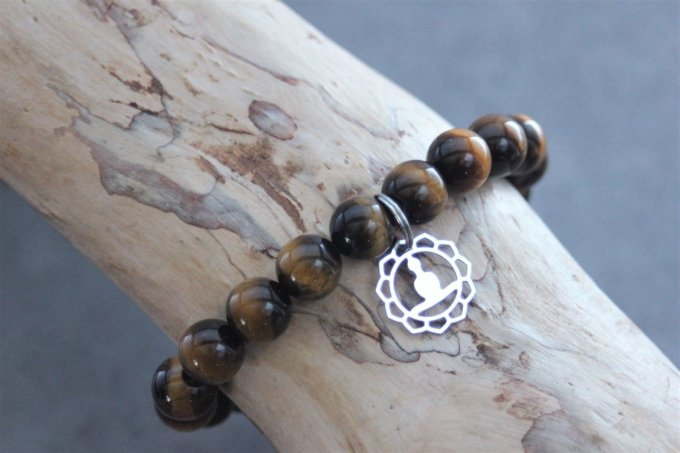 Bracelet perles oeil de tigre et breloque bouddha en acier inoxydable