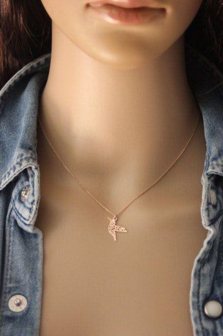 Collier or rose pendentif colibri
