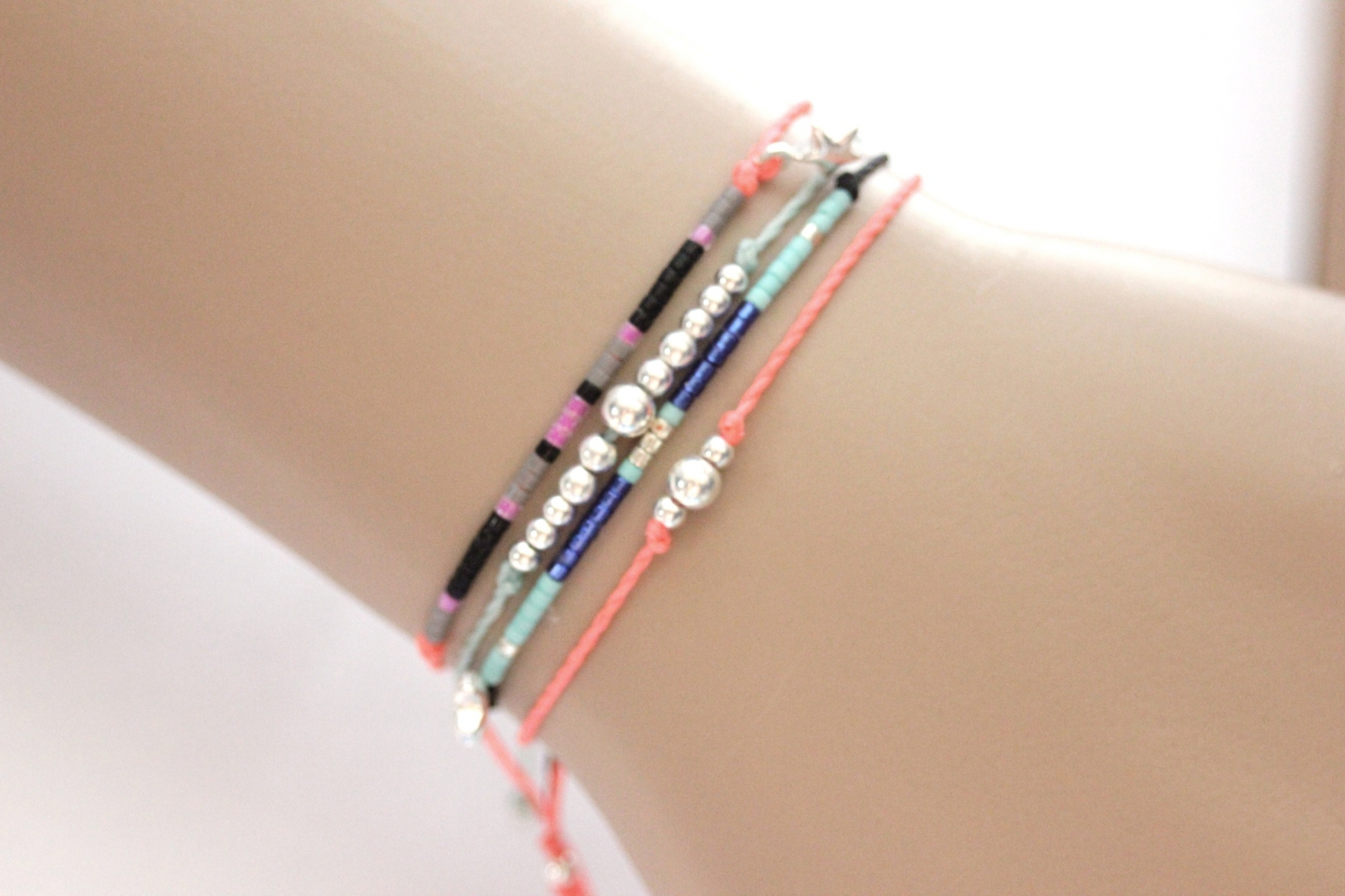 Manchette multi bracelets cordon miyuki et argent